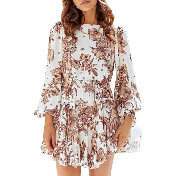 NEW Casual Mini Dress Floral Crew Neck Waist Tie Ruffle Hem S - Picture 1 of 4